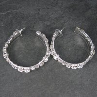 Huge 2.25 Inch Vintage Rhodium Plated Cubic Zirconia Hoop Earrings