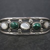 Vintage Southwestern Sterling Malachite Mother of Pearl Cuff Bracelet 6 Inches