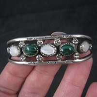Vintage Southwestern Sterling Malachite Mother of Pearl Cuff Bracelet 6 Inches