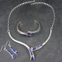Vintage Southwestern Lapis Coral Inlay Jewelry Set Necklace Cuff Bracelet and Earrings