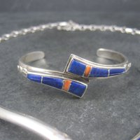 Vintage Southwestern Lapis Coral Inlay Jewelry Set Necklace Cuff Bracelet and Earrings