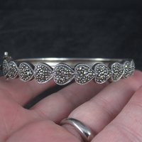 Vintage Sterling Marcasite Heart Bangle Bracelet 7 Inches