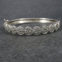 Vintage Sterling Marcasite Heart Bangle Bracelet 7 Inches