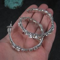 Huge 2.25 Inch Vintage Rhodium Plated Cubic Zirconia Hoop Earrings