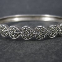 Vintage Sterling Marcasite Heart Bangle Bracelet 7 Inches