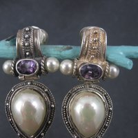 Large Sterling Amethyst Faux Pearl Clip On Earrings