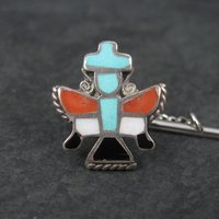 Vintage Sterling Turquoise Coral Inlay Knifewing Tie Tack