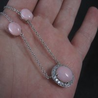 Vintage Sterling Pink Opal White Topaz Halo Necklace 24 Inches