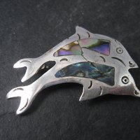 Vintage Alpaca Mexico Abalone Dolphin Brooch