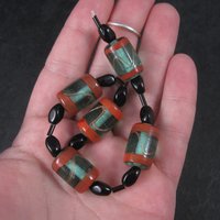 Vintage Handmade Green Orange Venetian Glass Bead Strand