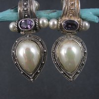 Large Sterling Amethyst Faux Pearl Clip On Earrings