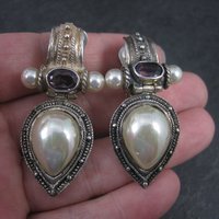 Large Sterling Amethyst Faux Pearl Clip On Earrings