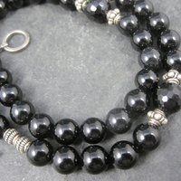 Vintage Sterling Black Crystal Onyx Bead Necklace 19.5 Inches