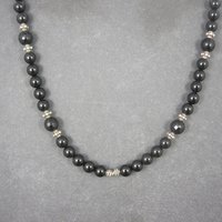 Vintage Sterling Black Crystal Onyx Bead Necklace 19.5 Inches