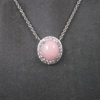 Vintage Sterling Pink Opal White Topaz Halo Necklace 24 Inches
