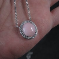 Vintage Sterling Pink Opal White Topaz Halo Necklace 24 Inches