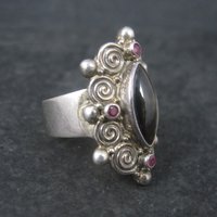 Vintage Sajen Black Mother of Pearl Ruby Ring Size 8