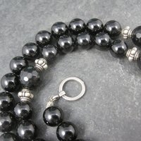 Vintage Sterling Black Crystal Onyx Bead Necklace 19.5 Inches