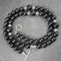 Vintage Sterling Black Crystal Onyx Bead Necklace 19.5 Inches