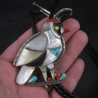 Large Vintage Southwestern Sterling Inlay Quail Bolo Tie