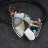Large Vintage Southwestern Sterling Inlay Quail Bolo Tie