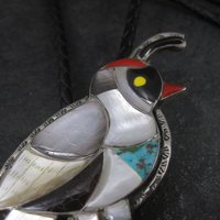 Large Vintage Southwestern Sterling Inlay Quail Bolo Tie