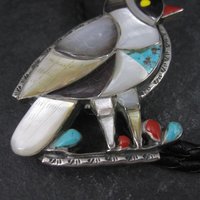 Large Vintage Southwestern Sterling Inlay Quail Bolo Tie