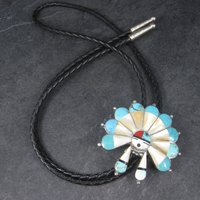 Large Vintage Sterling Turquoise Inlaid Sunface Bolo Tie