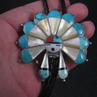 Large Vintage Sterling Turquoise Inlaid Sunface Bolo Tie