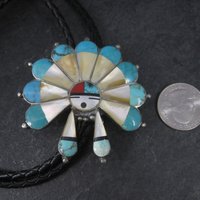 Large Vintage Sterling Turquoise Inlaid Sunface Bolo Tie