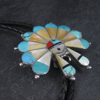 Large Vintage Sterling Turquoise Inlaid Sunface Bolo Tie