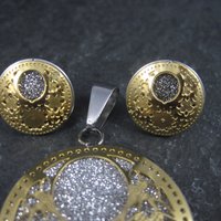Estate Filigree Floral Pendant Earrings Jewelry Set Stainless Steel