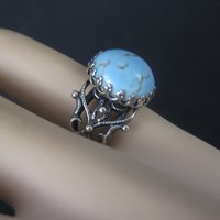 Vintage Adjustable Sterling Blue Art Glass Ring Size 5.5
