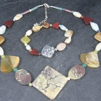 Vintage Jasper Agate Gemstone Necklace Bracelet Jewelry Set Desert Rose Trading