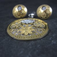 Estate Filigree Floral Pendant Earrings Jewelry Set Stainless Steel