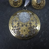 Estate Filigree Floral Pendant Earrings Jewelry Set Stainless Steel