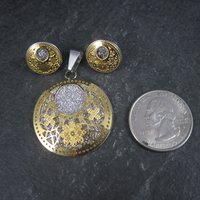 Estate Filigree Floral Pendant Earrings Jewelry Set Stainless Steel