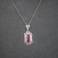 Vintage Deco Style 14K Filigree Pendant Simulated Pink Sapphire Necklace