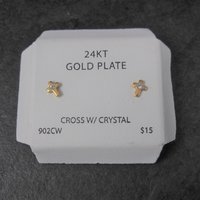 Vintage 24K Plated Crystal Cross Piercing Earrings