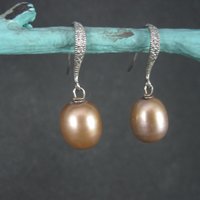 Vintage Sterling Brown Cultured Pearl Diamond Earrings