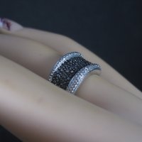 Sterling Black White Diamond Illusion Ring Wavy Band Size 7