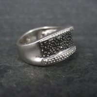 Sterling Black White Diamond Illusion Ring Wavy Band Size 7