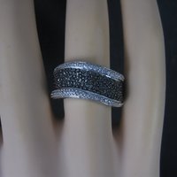 Sterling Black White Diamond Illusion Ring Wavy Band Size 7