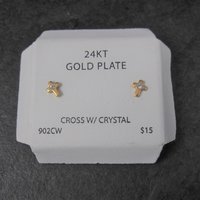 Vintage 24K Plated Crystal Cross Piercing Earrings
