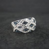 Sterling Blue White Enamel Crystal Ring Size 7