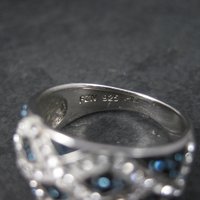 Sterling Blue White Enamel Crystal Ring Size 7