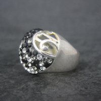 Vintage Sterling Black White Crystal Heart Ring Size 6