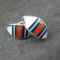 Southwestern Sterling Coral Turquoise Inlay Earrings