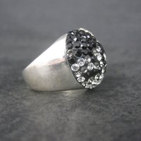 Vintage Sterling Black White Crystal Heart Ring Size 6