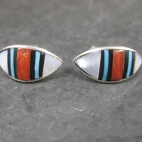 Southwestern Sterling Coral Turquoise Inlay Earrings